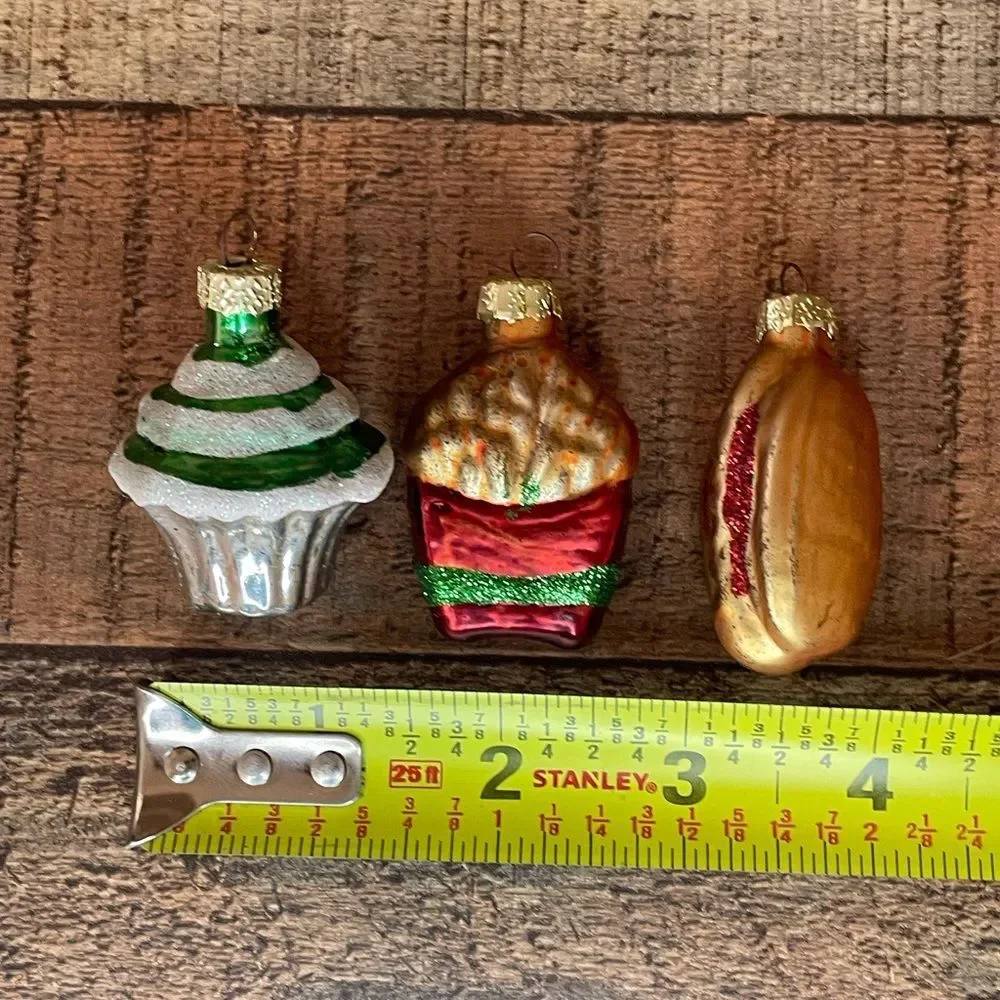 Set Of 3 Mini Blown Glass Food Christmas Ornaments: Hot Dog Cupcake French Fries